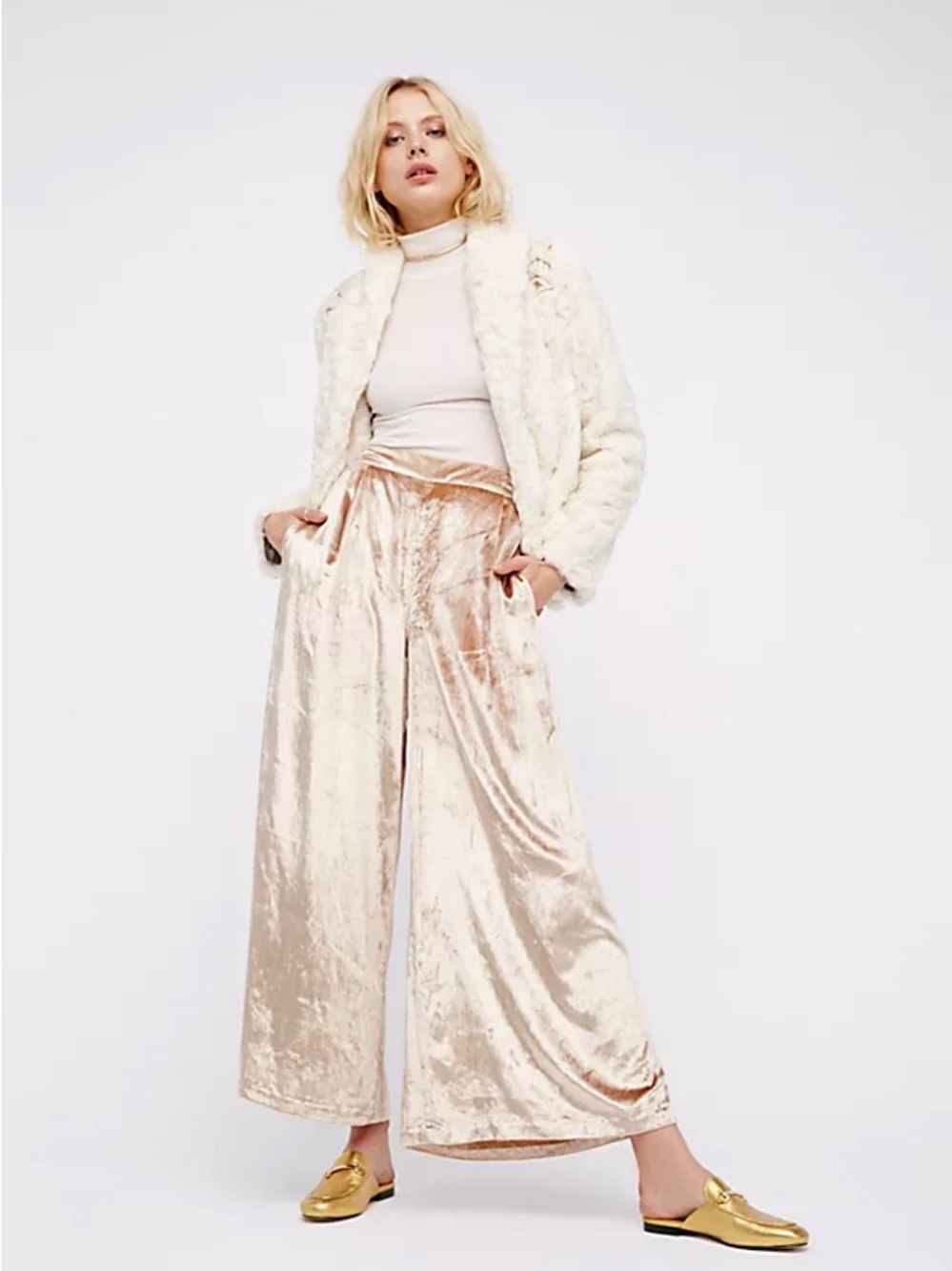 Free People Cream Velvet Wide Leg Pants